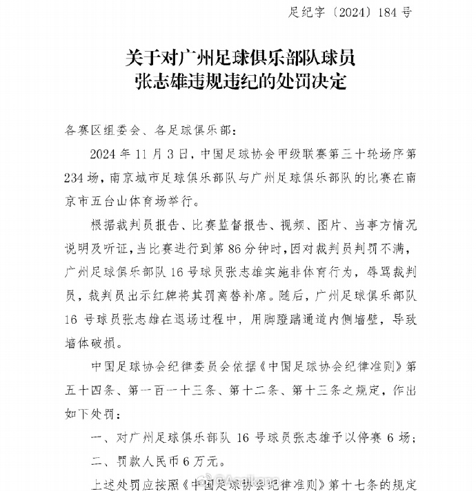 劉浪舟、張志雄1場自然停賽自動消除，6場停賽將跨賽季跨賽事執(zhí)行